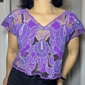 Vintage bohemian 70s lace crop top summer floral purple festival market shirt